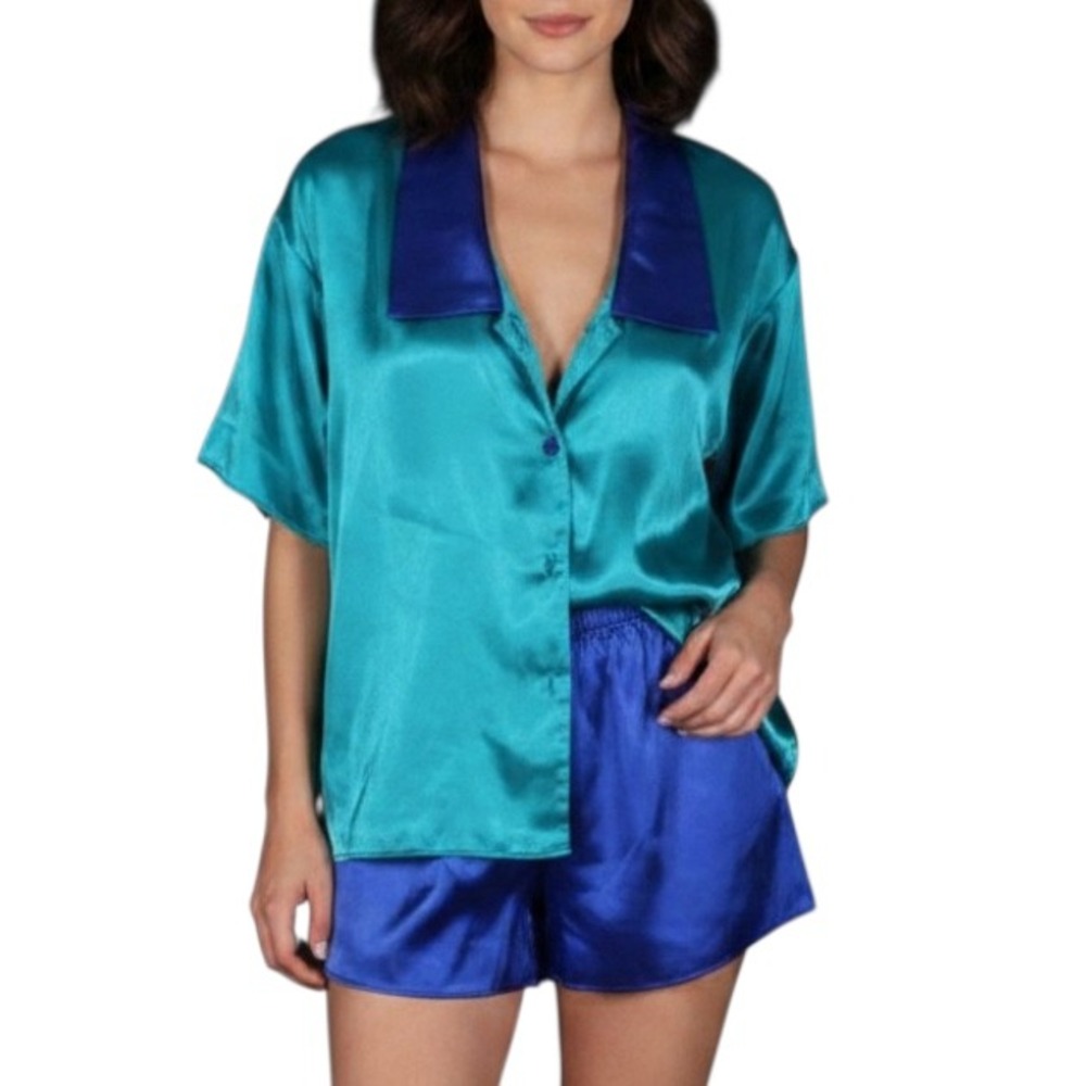VTG VICTORIA'S SECRET Teal/Blue SATIN Button GOLD LABEL Pajamas SHIRT/SHORTS S